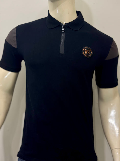 BALMAIN SLIM FIT ZIP FASTENING WITH LEATHER PATCH POLO SHIRT